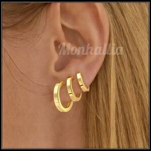 New Gold Steel Square Edge Graduated Sizes Hoop Earrings Set